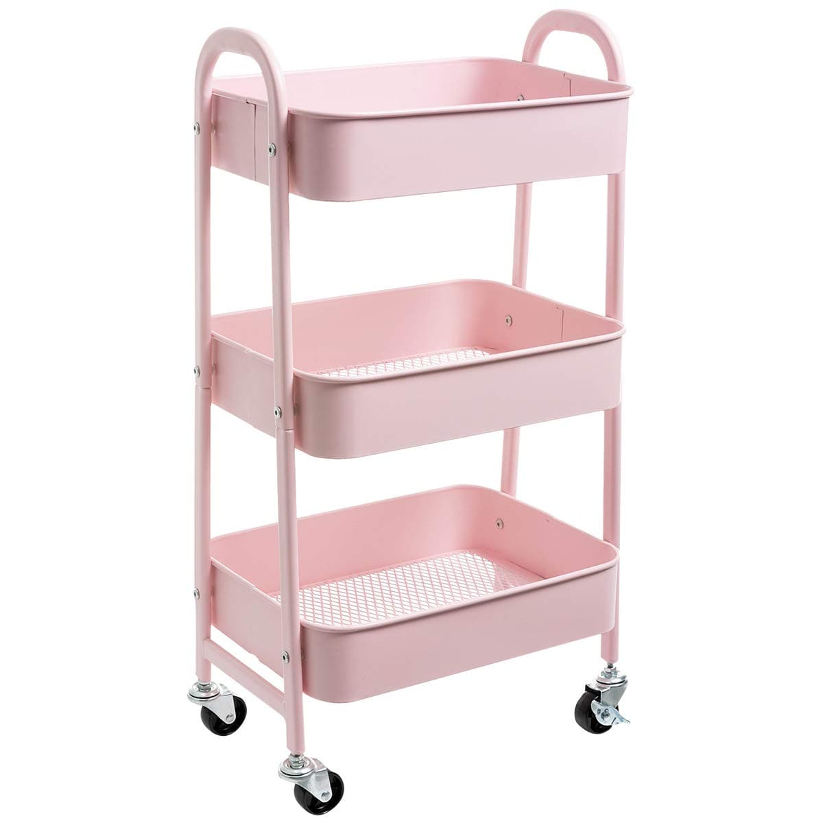 DOEWORKS Storage Cart 3 Tier Metal Trolley Cart Beauty Trolley Kitchen Trolley Trolley on Wheels Rolling Utility Cart for Bedroom Makeup Bathroom Office, Light Pink