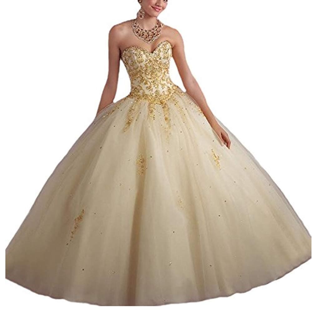 Princess Lace with Tulle Sweet 16 Prom Quinceanera Dress(2,Gold)