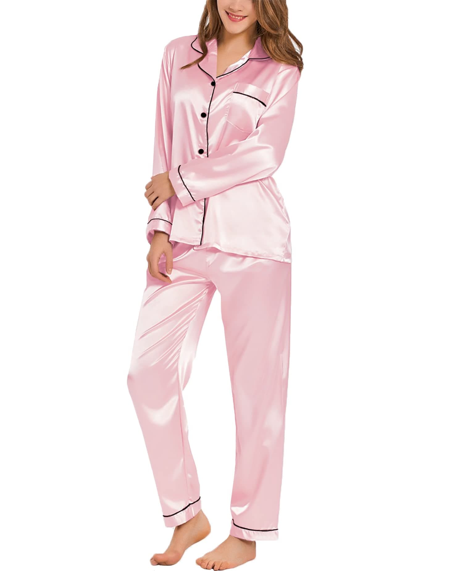 Women's Pyjama Set Silk Satin Long Sleeve Button Down Pyjamas Two Piece Comfy Sleepwear and Loungewear Set