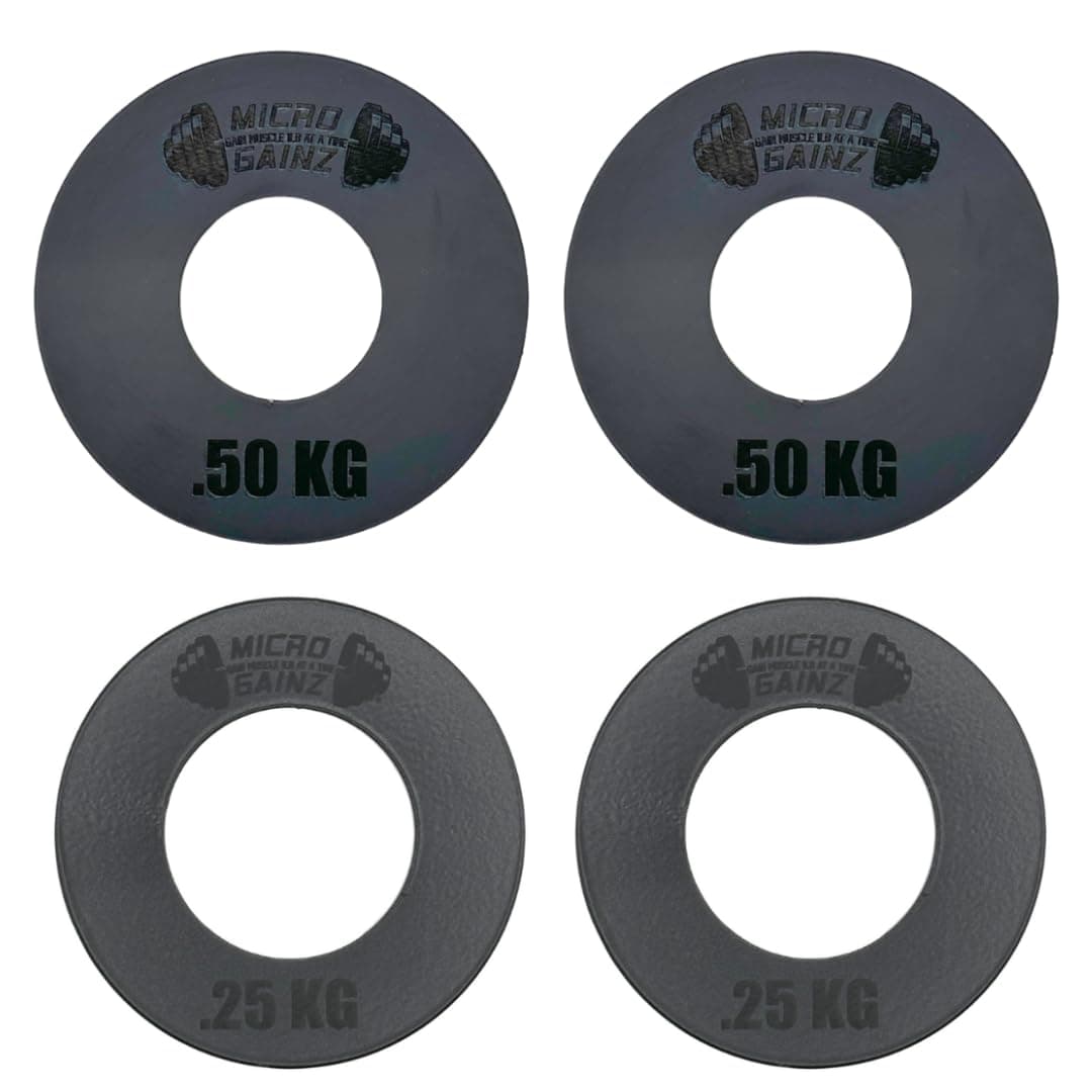 Micro Gainz Olympic Kilogram Fractional Weight Plate Set of 4 Steel Plates- (2-.25KG, 2-.50KG) Plates -Designed for Olympic Barbells, Used for Strength Training and Micro Loading, Made in USA