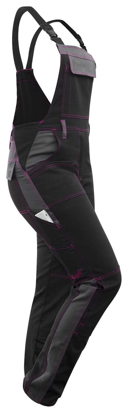 strongAnt® - Ladies Stretch Bib and Brace Overalls Berlin, Workwear for Women. Trousers Complete with kneepads Pockets. Combed Cotton - Black/Grey/Pink Seam - Made in EU