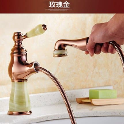 Maifeini _ Antique Antique Pull Water Tap Water Tap Copper Wash Sink Faucet Retro Style Retractable Roll,Jade Rose Gold