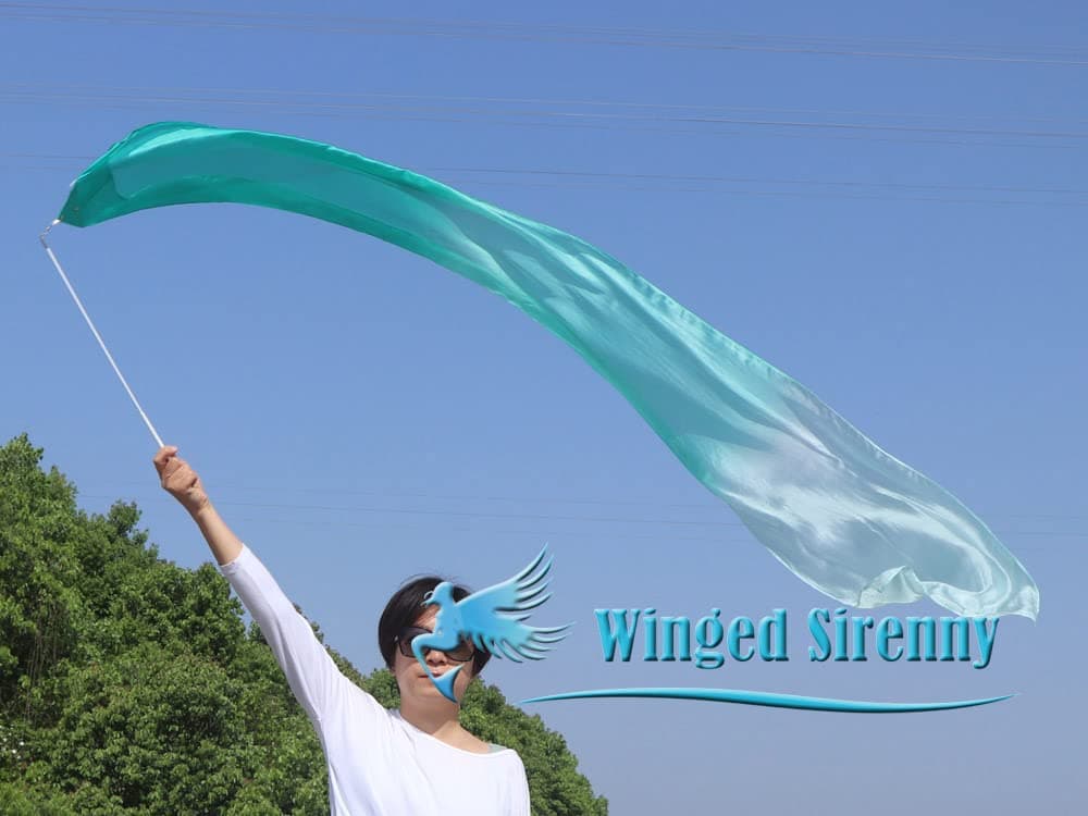 Winged Sirenny 1 Piece 98" Hand Painted Flowy Silk Ribbon Streamer with Rods, Church Liturgical Praise, Worship Adoration Dance Ribbon Banner