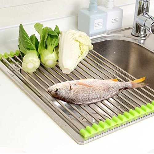 Roll up Dish Drying Rack Over the Sink Premium Stainless Steel Silicone Basket Drain Vegetables & Defrost Meat Space Saving Kitchen Multi-purpose Baking Trivet Board Bundle Bonus Storage Strap!