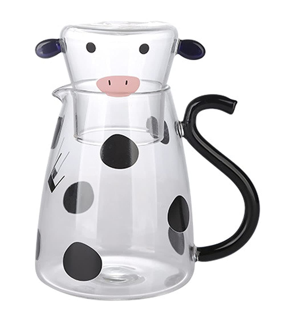 Cartoon Cow Clear Glass Bedside Night Water Carafe Set with Tumbler, Pitcher And Cup Night Set