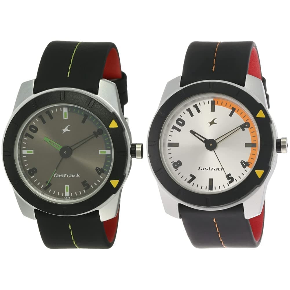 Fastrack Leather Analog Men's Grey and Black Dial Watch Combo (Nk3015Al02, Nk3015Al01), Band Color:Black