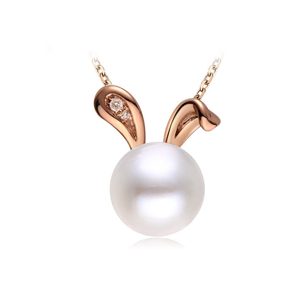 Freshwater Cultured Pearls Cute Animal Rabbit Pendant Delicate Jewelry S925 Sterling Silver Necklace Easter Valentine's Day Christmas for Girls Women - Rose Gold
