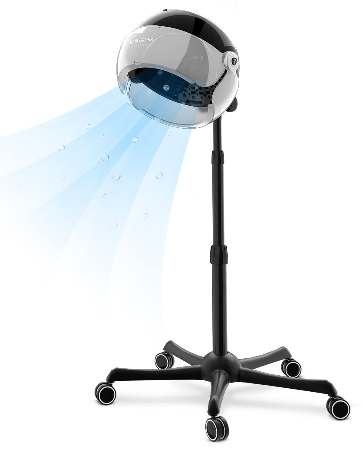 Ionic Hooded Hair Dryer, 1875W Professional Height Adjustable Standing Hair Dryer Bonnet with 3 Temperature Settings, Portable Salon Dryer with Rolling Wheels for Home & Hairstylist