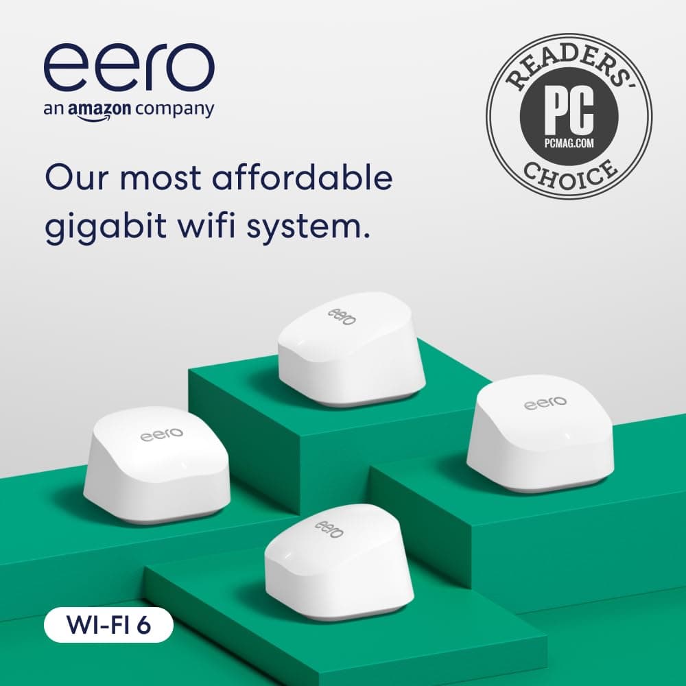Amazon eero 6+ mesh wifi system - Supports internet plans up to a Gigabit, Coverage up to 6,000 sq. ft., Connect 75+ devices, 4-pack