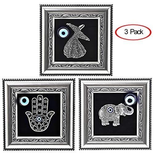 Turkish Blue Evil Eye Wall Hanging Ornament Set of 3(Elephant, Hamsa Whirling Dervish) - Framed Wall Home Decor - Turkish Amulet - Protection Good Luck Charm Gift (Three)