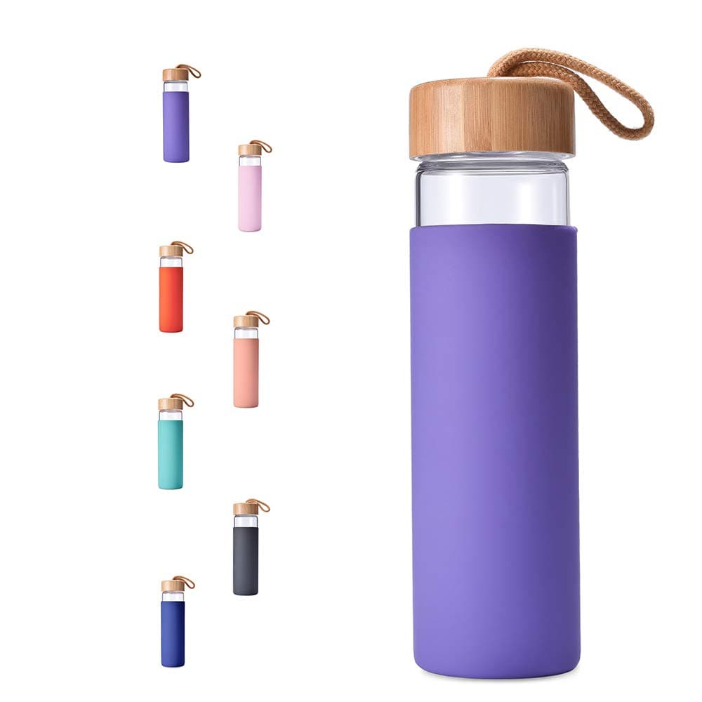 20 Oz Borosilicate Glass Water Bottles with Silicone Sleeve BPA Free, Dishwasher Safe - Reusable Clear Glass Drinking with Leak Proof Bamboo Lid | Perfect Gym Water Bottles for Men & Women