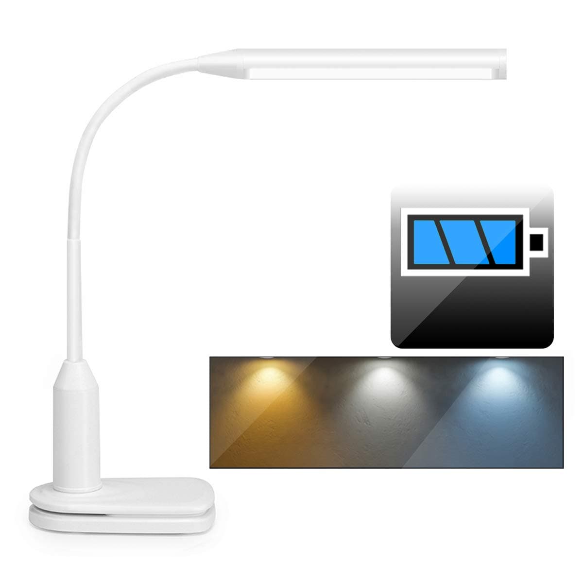 AnSun Rechargeable LED Desk Lamp Clip on Table Light with Battery Powered (2000mAh) 3 Color, Stepless Dimmable Touch Control 360° Flexible Reading Clamp Lamp for Study Bedroom Office (White)