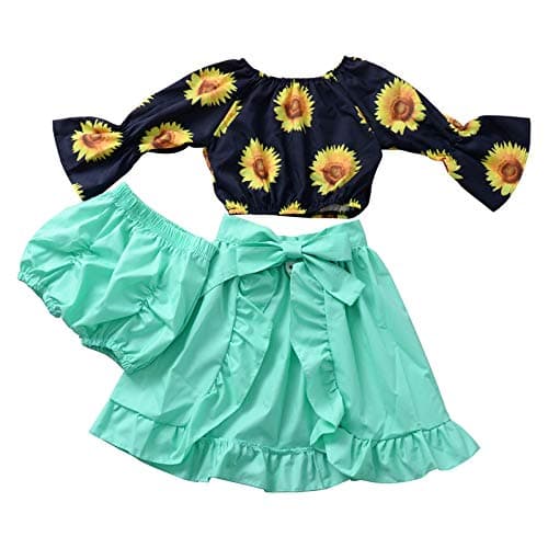 Kids Baby Girls Outfits Floral Ruffle Off Shoulder Crop Tops + Bowknot Denim Shorts Skirt Set Toddler Summer Clothes