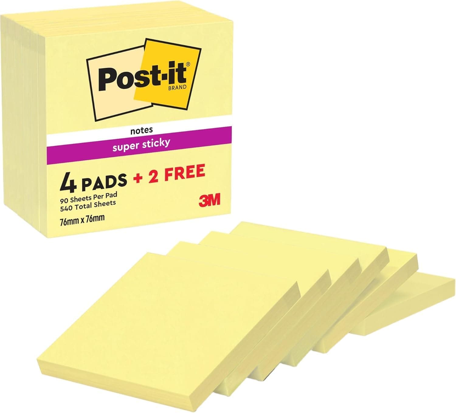 Super Sticky Notes, 540 Sheets, 76 mm x 76 mm - Holds Strong to Many Surfaces - Canary Yellow - for Walls, Monitors and Fridge, Recycable