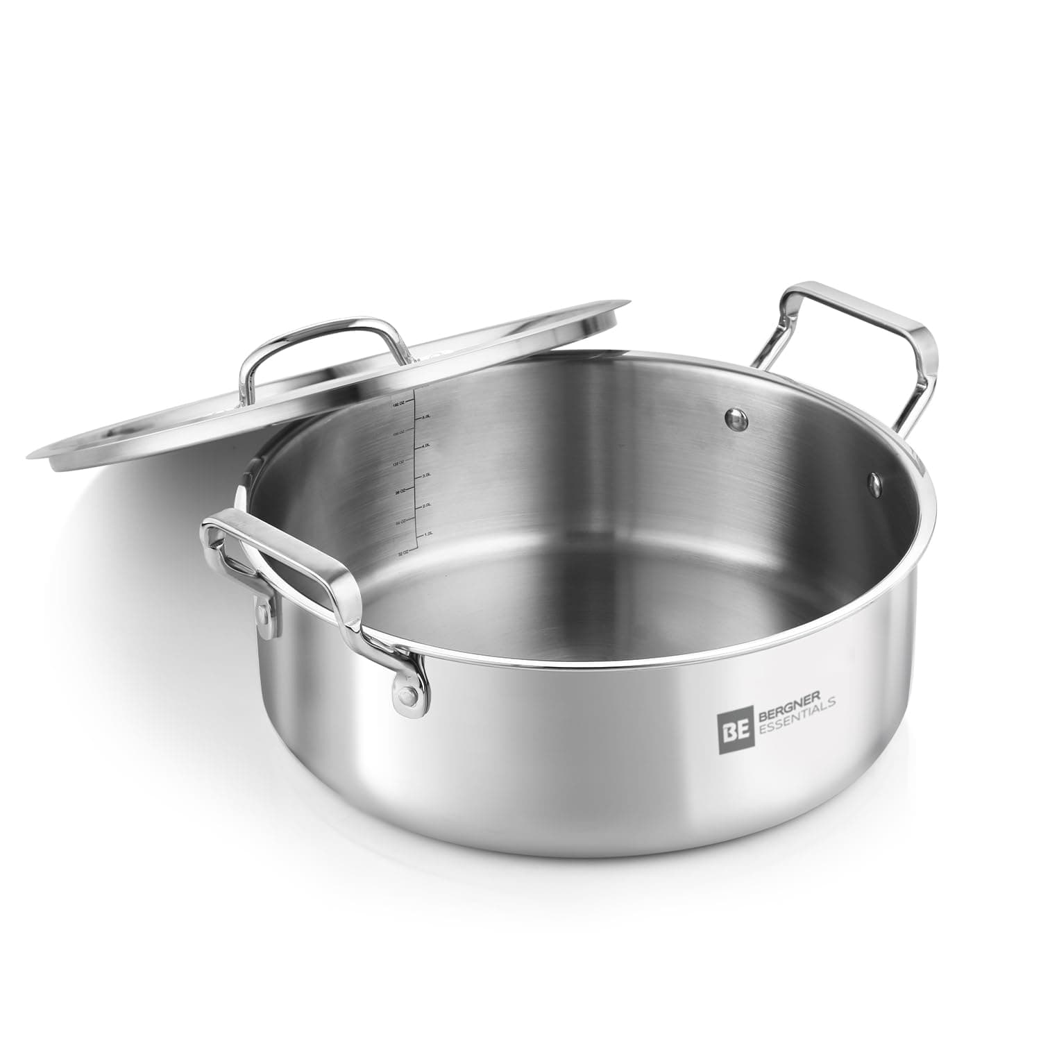 Bergner BE Essentials TriPly Stainless Steel 32 cm Shallow Biryani Pan with Stainless Steel Lid, 8.6 L Shallow Tope/Langri for Biryani, Non-Toxic, Healthy, Less Oil Use - Induction and Gas Stove Ready