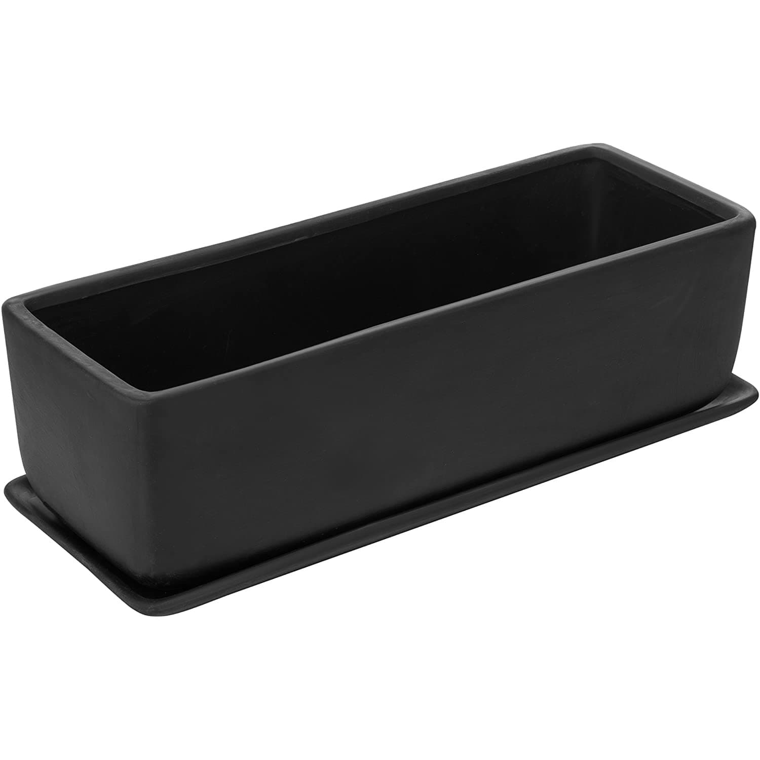 MyGift 14 Inch Black Ceramic Window Box Planters, Rectangle Flower Boxes Succulent Planter Pot with Saucer, Drainage Holes and Trays for Windowsill, Indoor, Outdoor, Garden