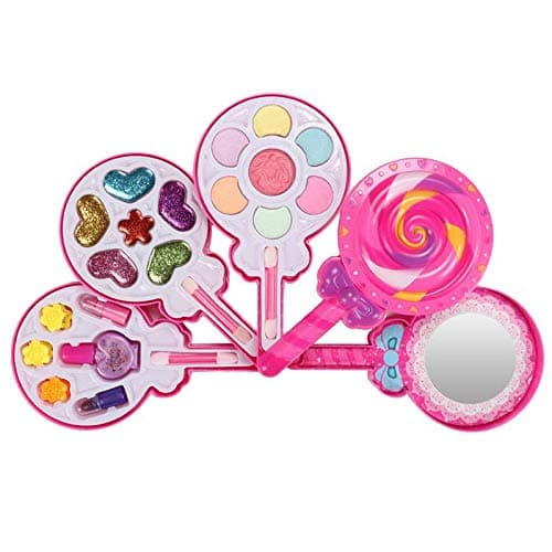 Lesgos Kids Washable Makeup Kit, Fold Out Makeup Palette My First Princess Make Up Set Include Blushes, Eyeshadows, Lip Glosses, Mirror, Hair Clip and Nail Polish for Girls, Non Toxic