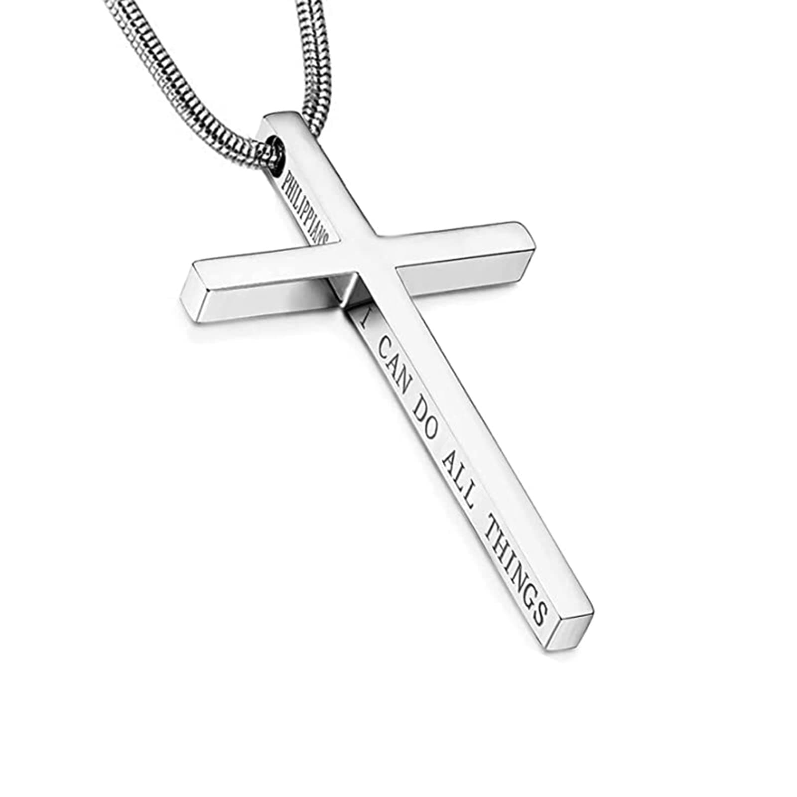 Philippians 4:13 Cross Pendant Necklace for Men Women Stainless Steel Necklace Snake Chain