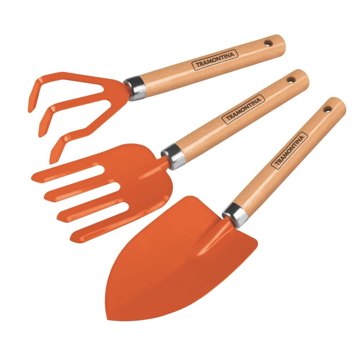 Tramontina 3 Pieces Garden Tool Set with Special Carbon Steel and Wood Handle includes Garden Trowel + 3 Teeth Cultivator + 4 Teeth Garden Fork 78100801