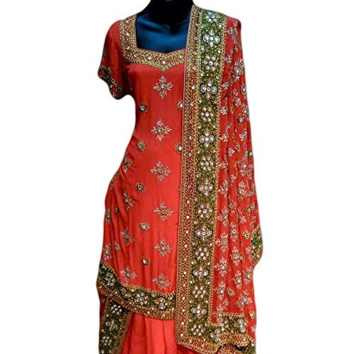 Reet Glamour Women's Crepe Unstitched Heavy Embroidered Punjabi Suit Free Size Orange