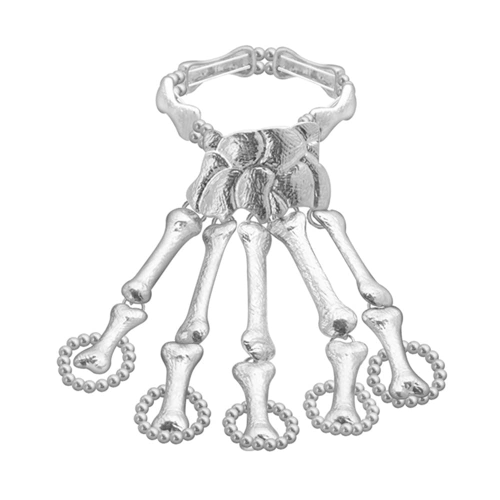Cathercing Halloween Wristband Skull Fingers Metal Skeleton Hand Bracelet with Ring for Women and Men on Party(silver)