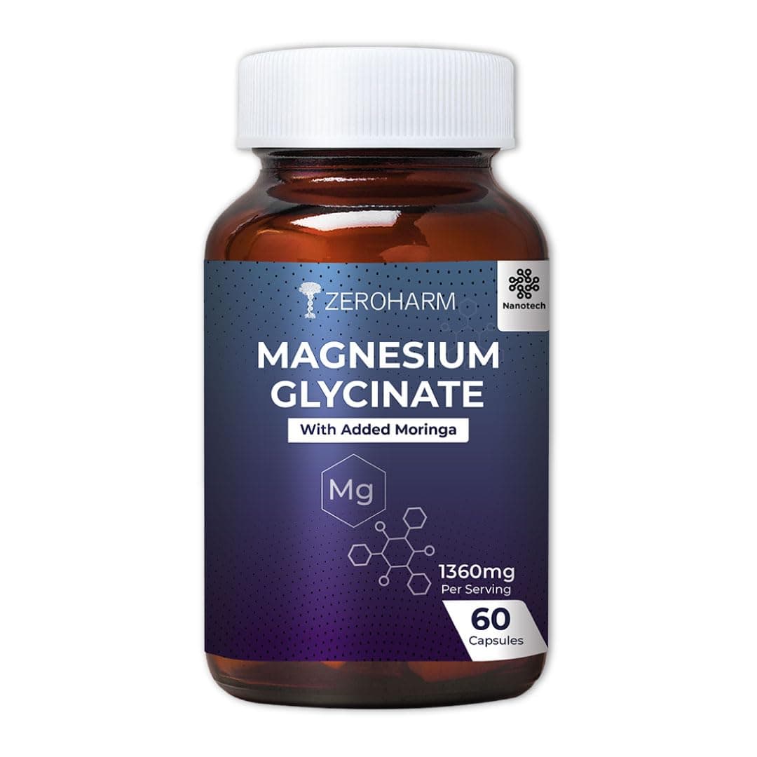 Magnesium Glycinate + Moringa Extract | 1360 mg Per Serving | Muscle, Sleep Support | Promotes Joint Mobility | No Additives, Preservatives for Men & Women | Nano Formulated 60 Capsules By ZEROHARM