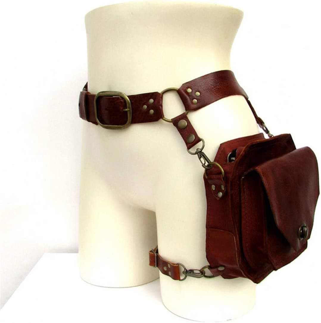 Renaissance Medieval Belt Satchel Pouch Bag Fanny Pack Gothic PU Leather Crossbody Messenger Bags Thigh Leg Hip Holster Purse Hiking Sport Chain Bags for Women Men (Brown)