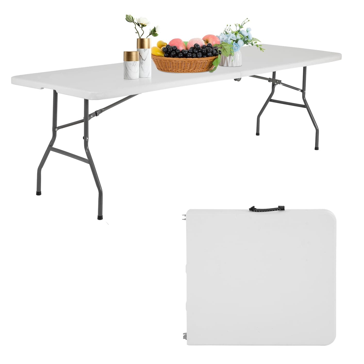 PayLessHere | 8FT Folding Table | Portable Plastic Table with Carry Handle | Waterproof & Foldable Table Design | Steel Frame with Lock | White | for Events, Camping, Indoor & Outdoor Use