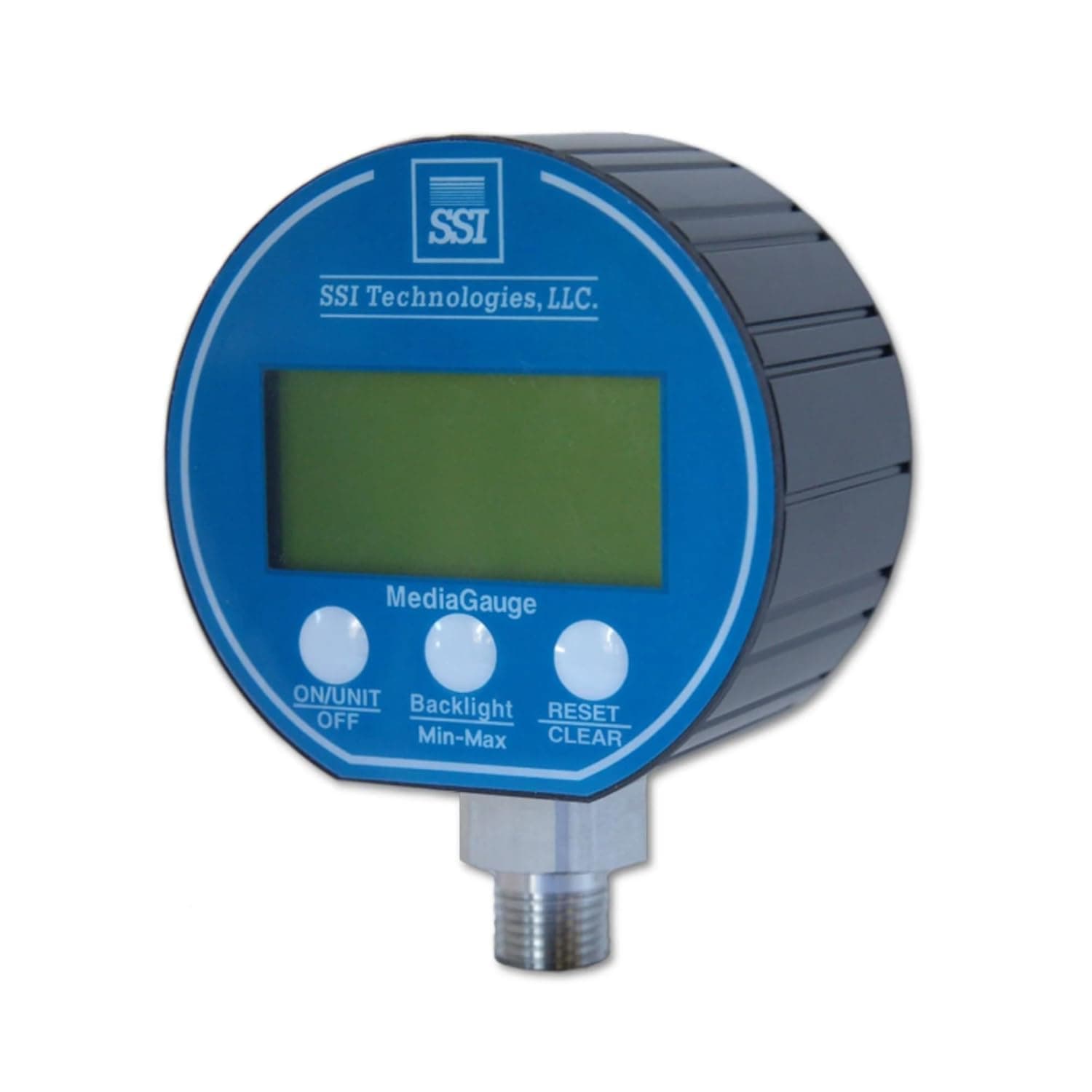 SSI TechnologiesMG-9V Series Media Gauge Digital Pressure Gauge Sensor with LCD Display, 5psig Operating Pressure, 9V, 1% Accuracy, 1/4-18 NPT Male Process Connector Type