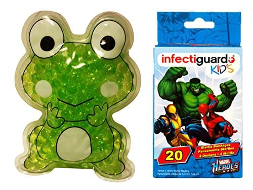 Best Pain Relieve, Fever Reducer & Bruise Aide Cold Ice Pack & Hot Compress for Children Animal Shape Gel Beads and 20 Count Licensed Marvel Bandage (Frog with Marvel)