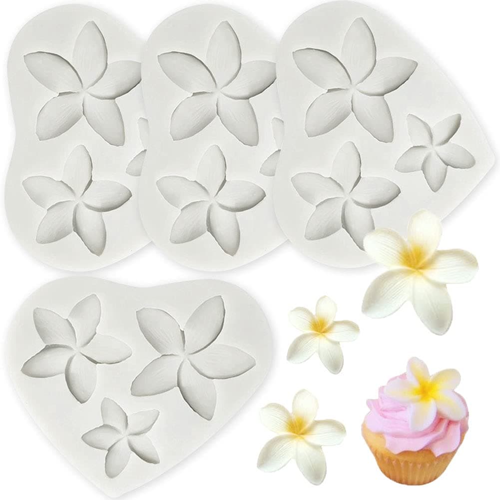 4 Pcs Hawaiian Plumeria Flower Silicone Mold Fondant Chocolate Molds Baking Decor Moulds, for DIY Chocolate Cupcake Cake Topper Decoration Desserts Handmade Crystal Soap etc