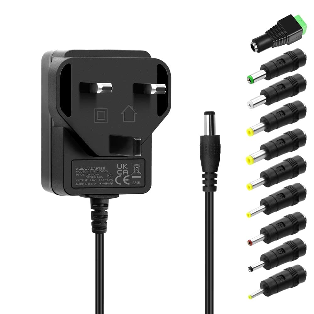 12V DC Power Adapter 12V 1A 12W ac/dc Power Supply Adapter 100-240V AC to 12V DC Adaptor Converter Wall Plug for LED Strip Router Camera Monitor TV Box Printer with 10 Tips Connector UL Listed