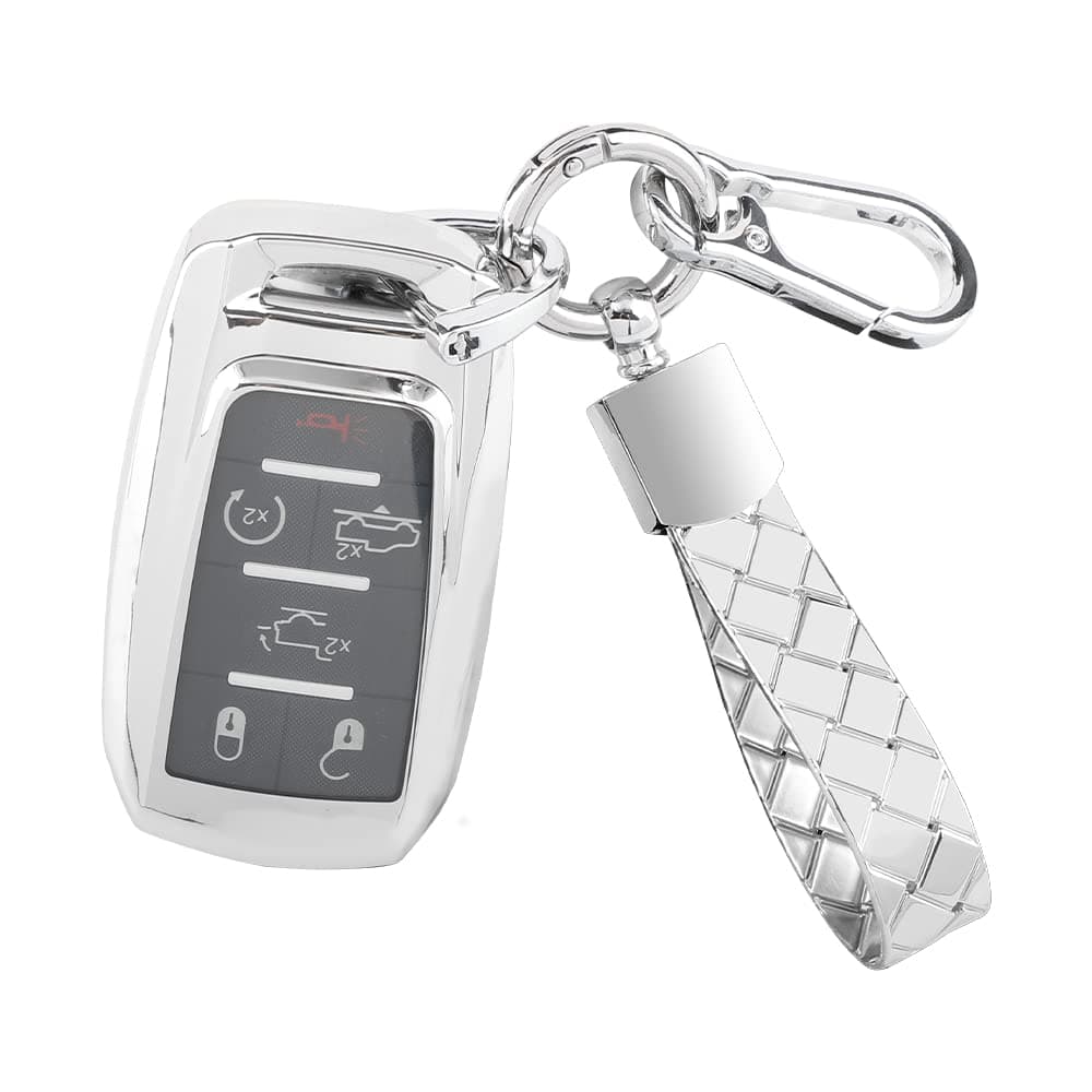 CARFIB Key Fob Cover for Dodge Accessories Ram 1500 2500 3500 4500 5500 2022 2021 2020 2019 Key Case Holder Car Remote Key Chain Ring Women TPU Silver