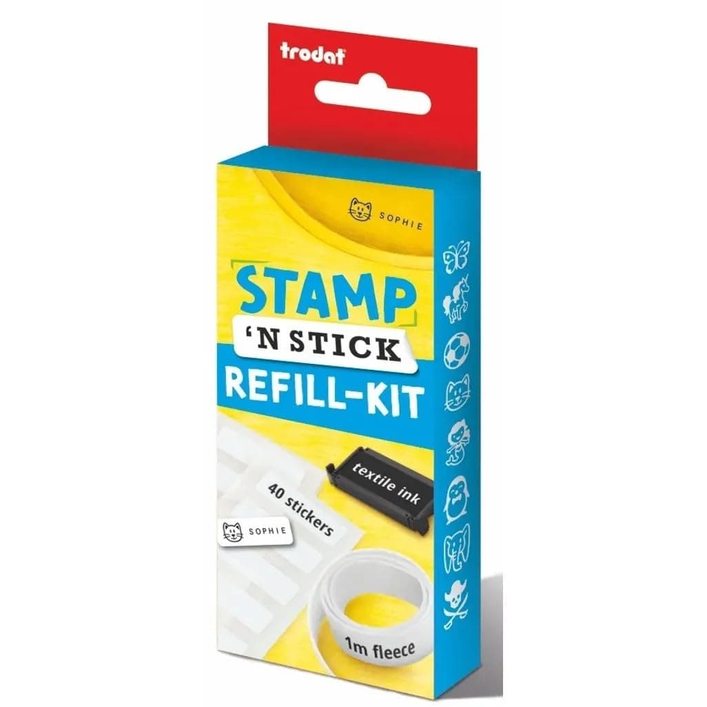 Stamp 'N Stick Refill Kit - Continue The Use of Your Stamper and Personalise Kids Uniforms & Belongings for Years to Come – Features Iron On Fleece, 40 Stickers and Black Textile Ink Pad
