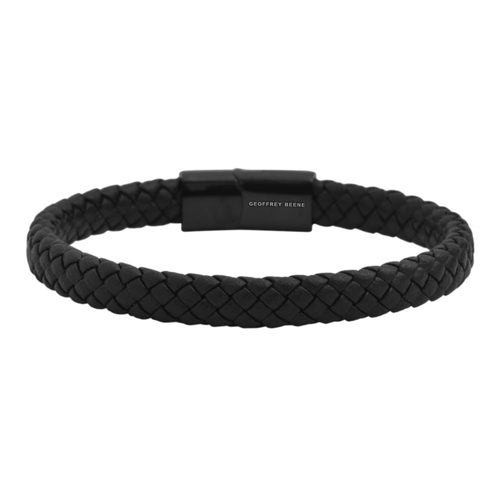 Geoffrey Beene Men's Braided Genuine Leather Bracelet with Stainless Steel Closure