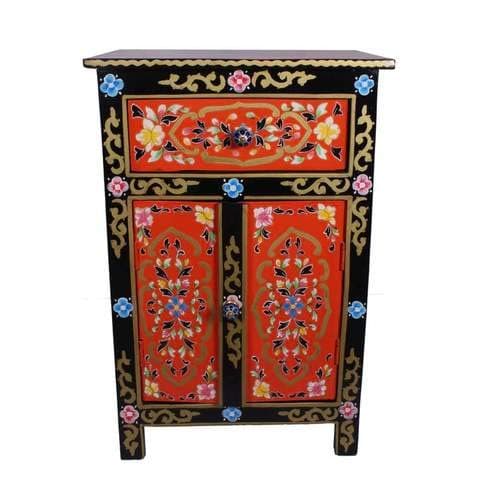 Hand Painted Nightstand Mango Wood with Double Door & 1 Drawer