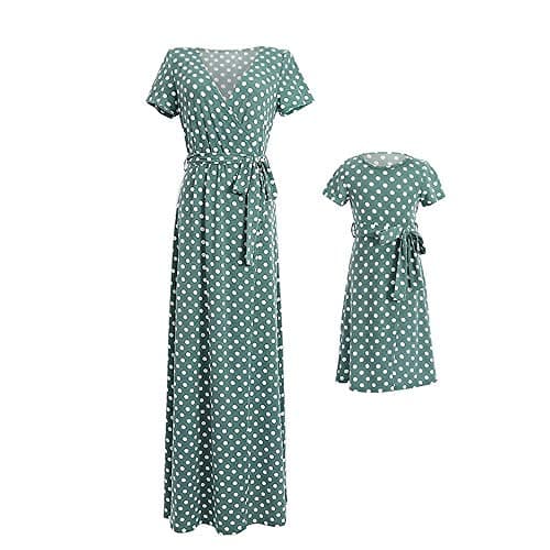 Mommy and Me Dresses V Neck Vintage Polka Dot Party Maxi Loose Dress with Belt