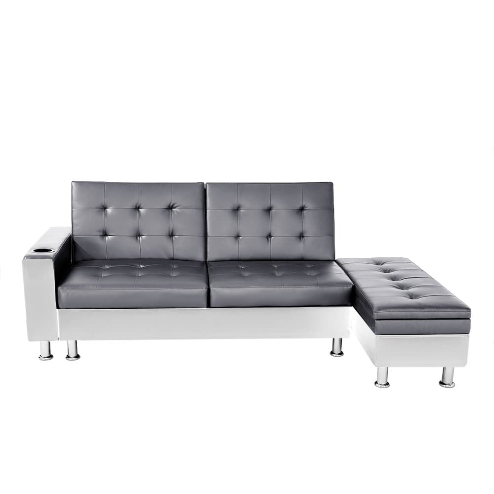 Sanmey Modern Faux Leather Folding Sofa Bed Recliner with Storage Ottoman and Cup Holder 3 Seater Sofa Living Room Grey & White