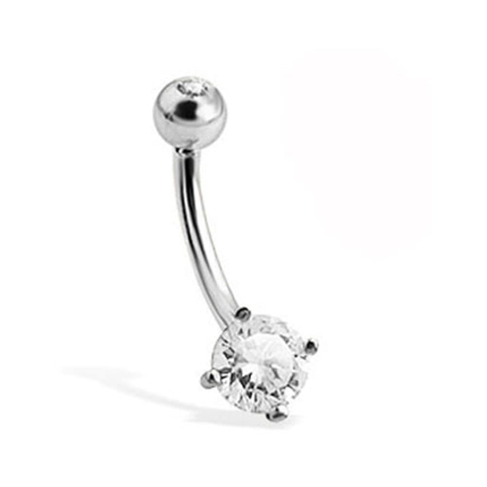 14K White Gold Belly Button Ring With Round Stone And Jeweled Top Ball
