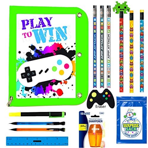 Kids Video Gamer Pencil Pouch Binder Case with Coordinating Stationary Accessories-Pencils, Pens, Erasers & More- Unique Back to School Supplies, Stocking Stuffers, Easter Basket Fillers (Lime Pouch)