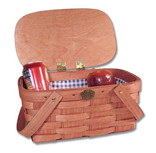 Peterboro Baskets Back to School Lunch Picnic Basket with Blue White Checkered Lining - Cherry Finish