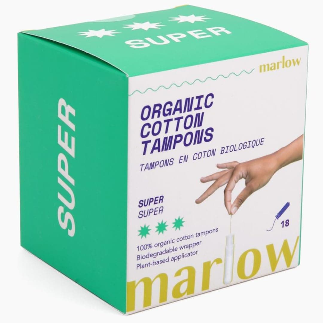 Marlow 100% Organic Cotton Easy Glide Tampons with Compact Plant Based BPA Free Applicator, Chlorine Free, Toxin Free, Hypoallergenic, Dermatologically Tested, Fragrance Free, Super, 18 Count