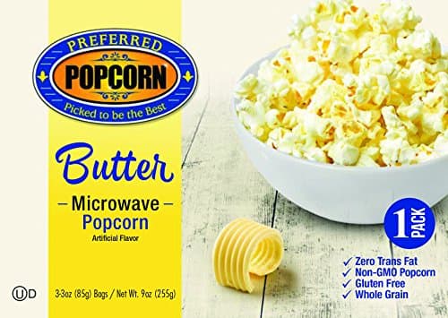 Microwave Butter Popcorn - Preferred Popcorn - One 3.0 oz Bag - 100% Farmer Owned - USA Made - Made in Nebraska - Popcorn Snack - Gluten Free - Whole Grain - Non GMO - Fresh Popcorn