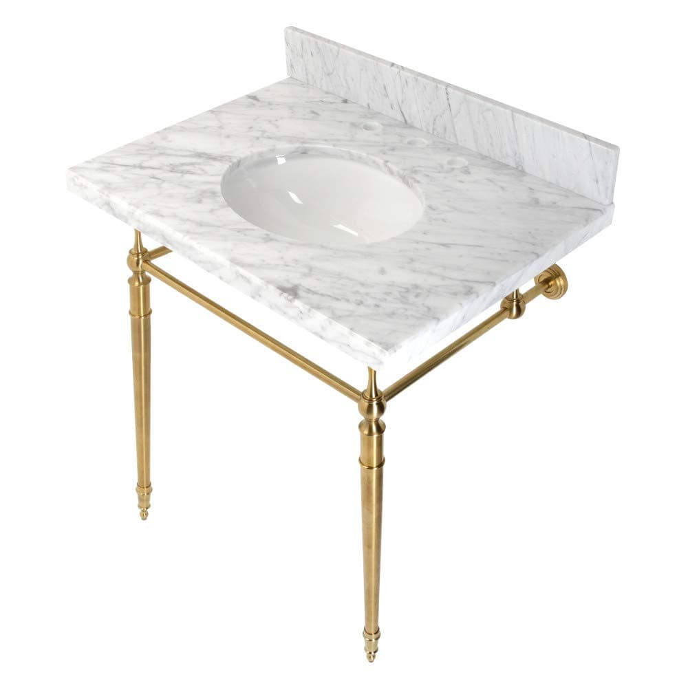 KVPB3022M87 Edwardian 30" Console Sink with Brass Legs (8-Inch, 3 Hole), Marble White/Brushed Brass