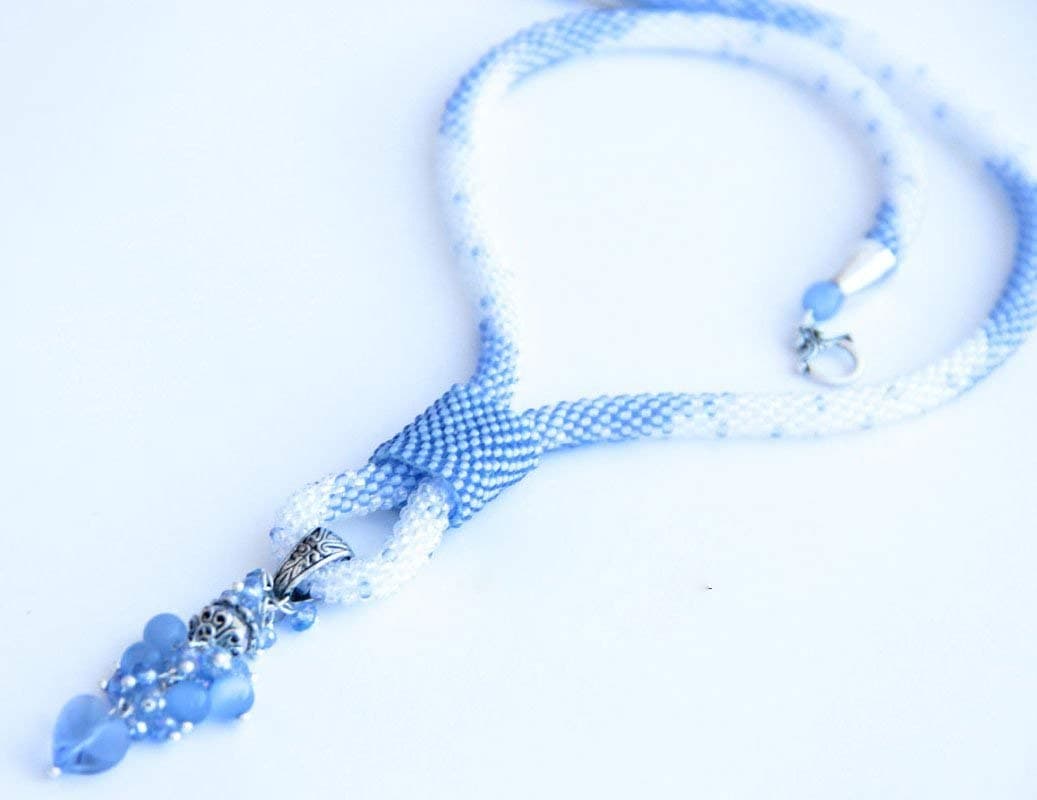 Blue Necklace Wedding Floral Pendant Small Flowers Polymer Clay Bride Beadwork Jewelry 7th Anniversary Birthday