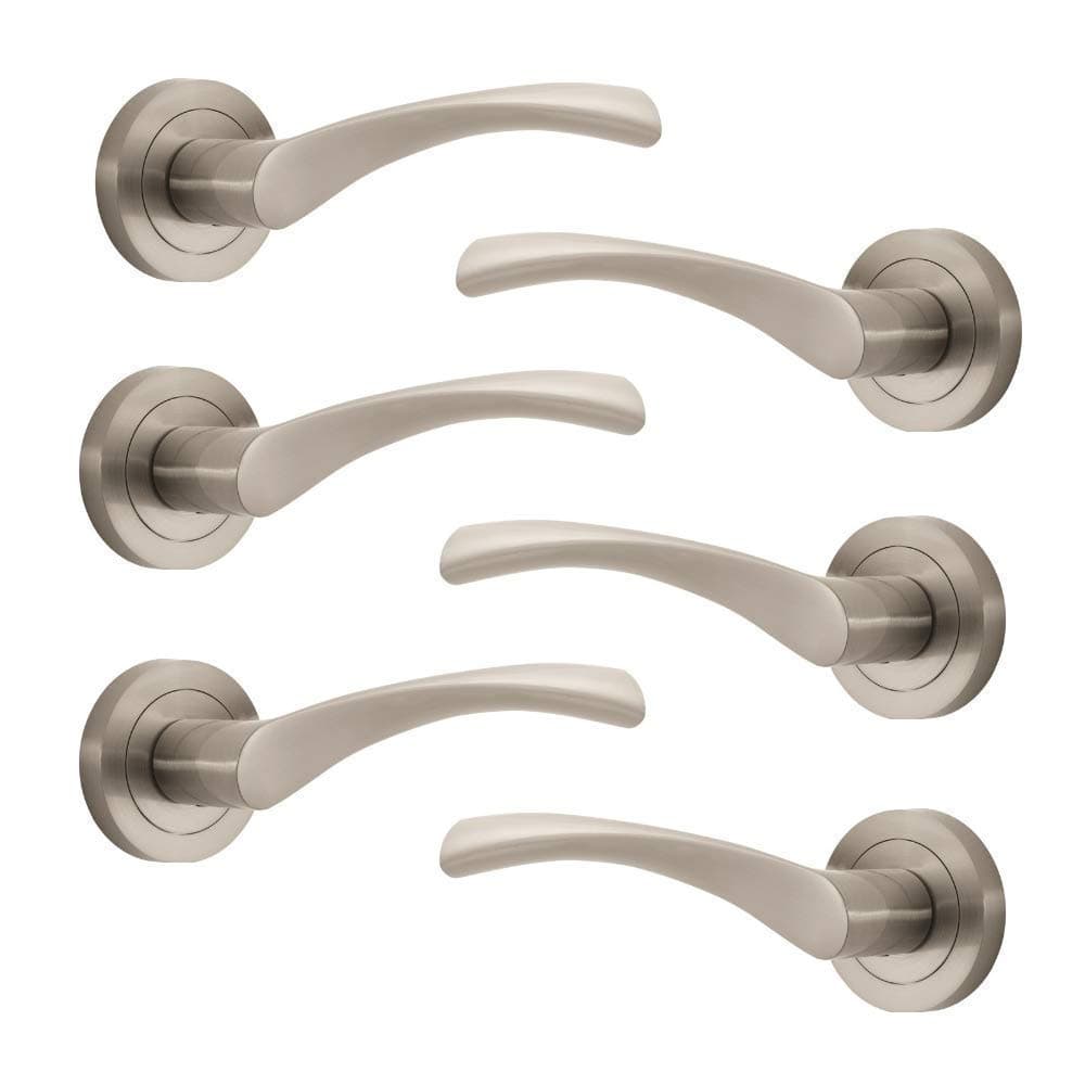 Marvel Lever on Rose Door Handle - Contemporary Design- Brushed Nickel - 3 Pairs - Fixings Included - Interior Use