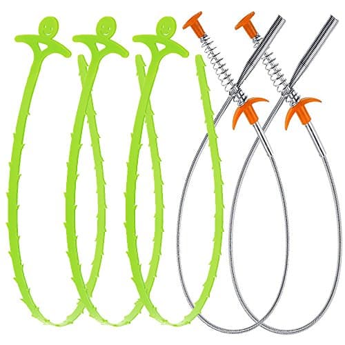 Drain Snake Auger Clog Remover Flexible Grabber Pick Up Tool - Unclog Hair from Drain, Shower, Sink, Bathtub, Toilet, Cleaner Dryer Vents Stainless Steel (Set of 2 with 3 Bonus Plastic Drain Snake)