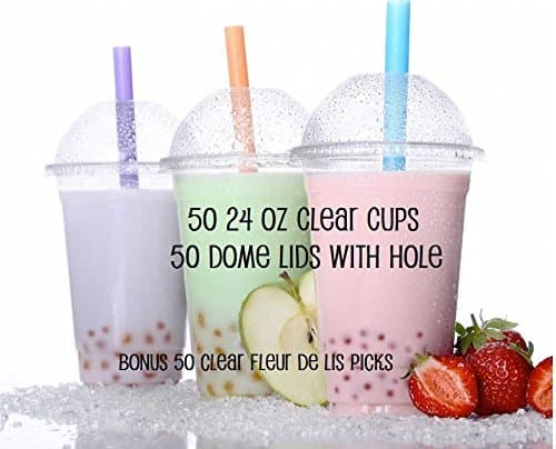 Pack of 50 Plastic 24 oz CLEAR Cups and Dome Lids with Hole