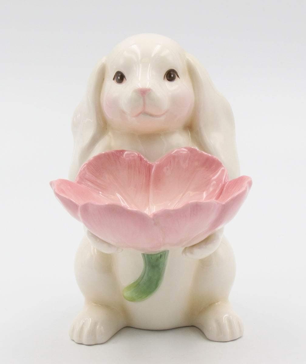 Cosmos Gifts Fine Ceramic Bunny Rabbit Holding Pink Tulip Flowers Candy Candle Plate Figurine, 6-1/4" H