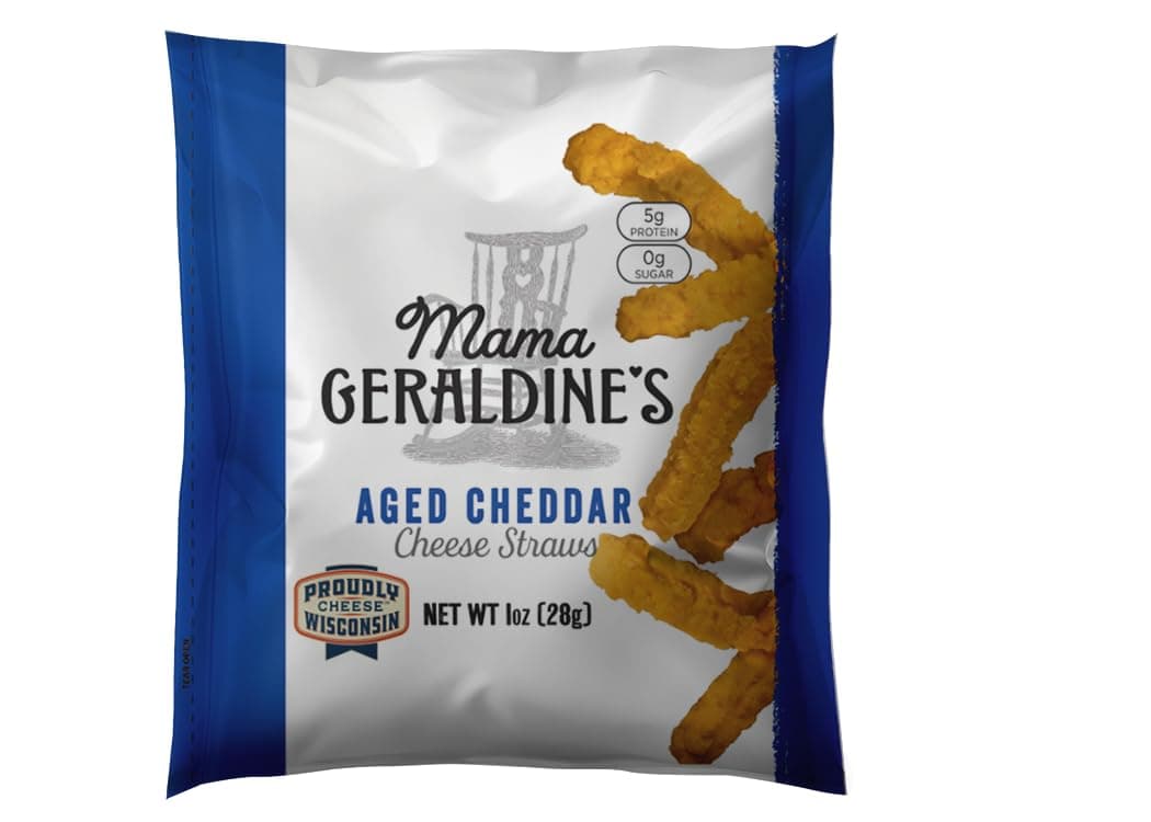 Mama Geraldine's Aged Cheddar Cheese Straws - Protein Packed, Savory and Flavor-Forward, Zero Sugar Low Carb Baked Snack, Crunchy Gourmet Cheese Straws, Bite-Size Appetizer 1 oz (24 Pack)